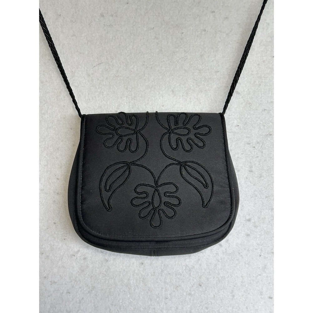 Givenchy Paris Black Satin & Leather Embroidered Crossbody Evening Bag Purse VTG - Picture 11 of 11